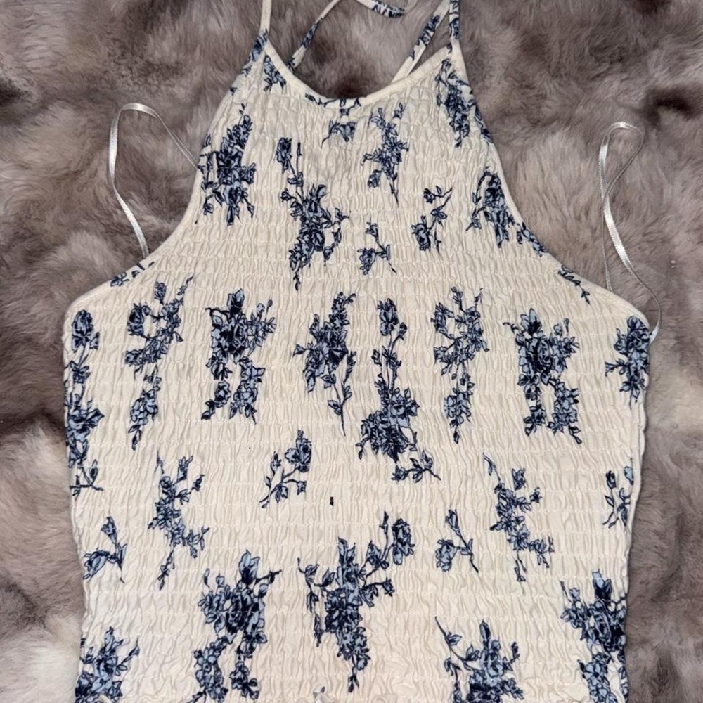 white and blue floral halter top